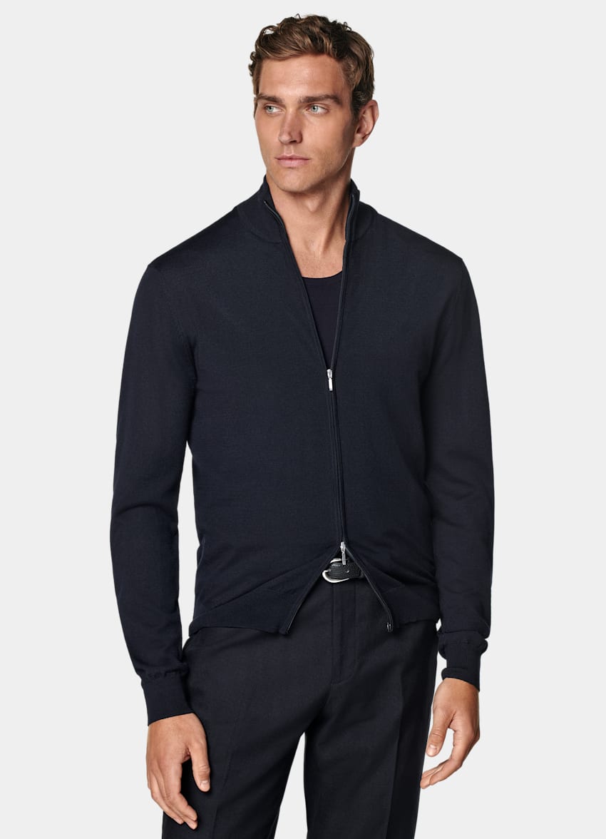 Navy Merino Zip Cardigan