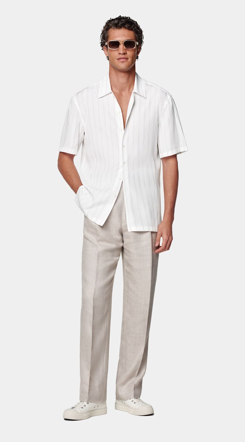 White Striped Tailored Fit Short Sleeve Shirt