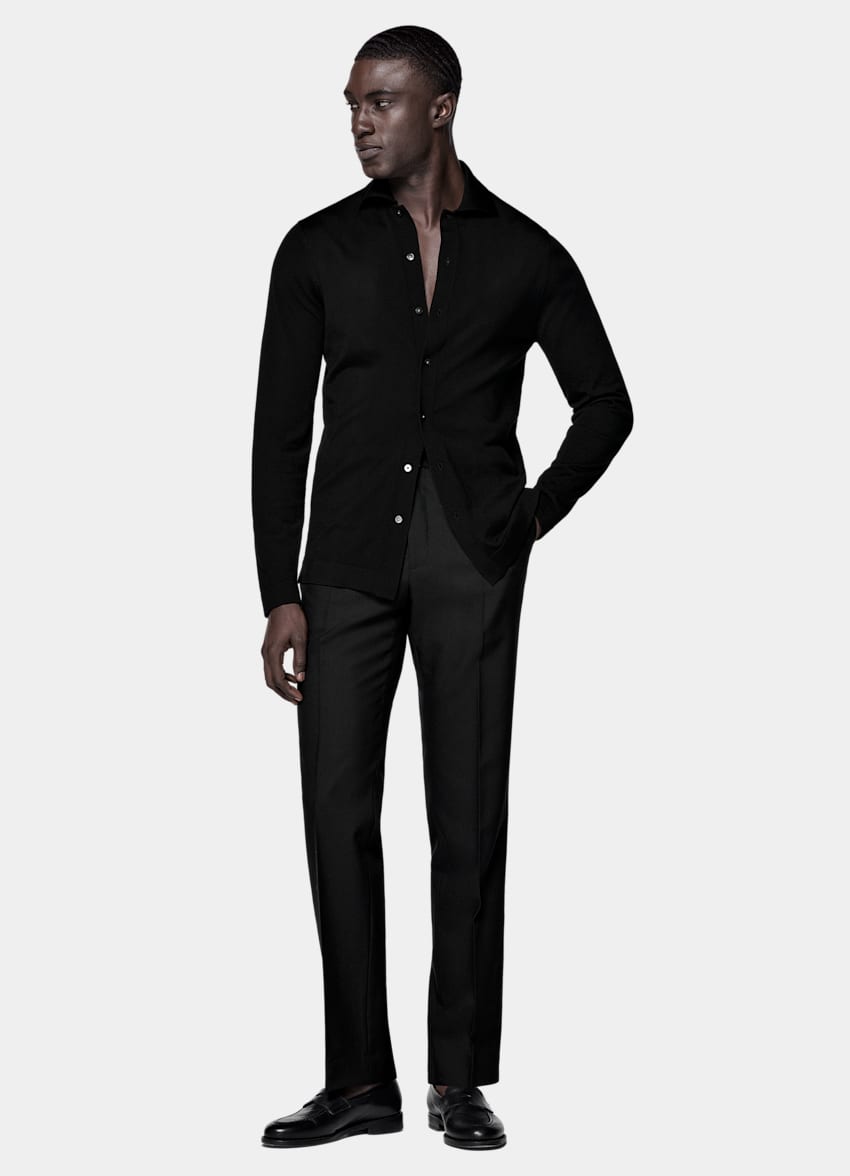 Black Merino Long Sleeve Polo Cardigan