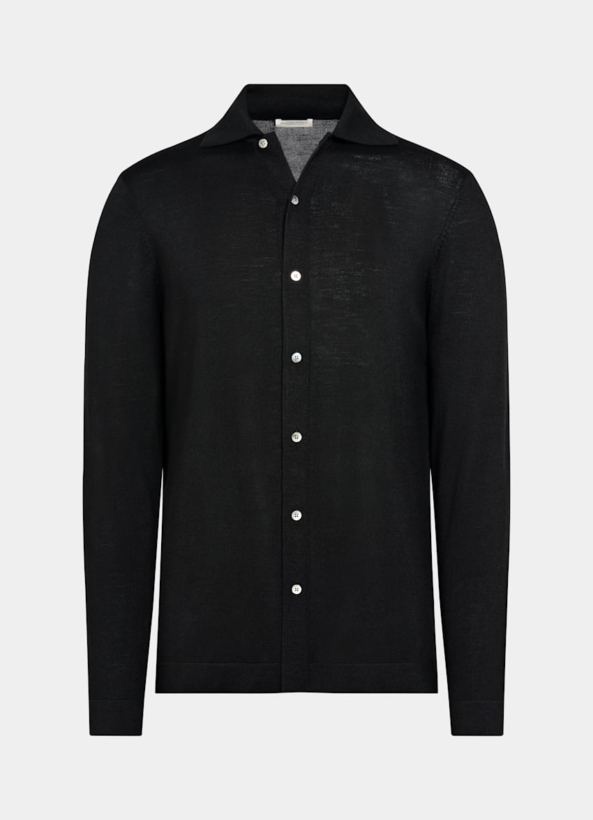 Black Merino Long Sleeve Polo Cardigan