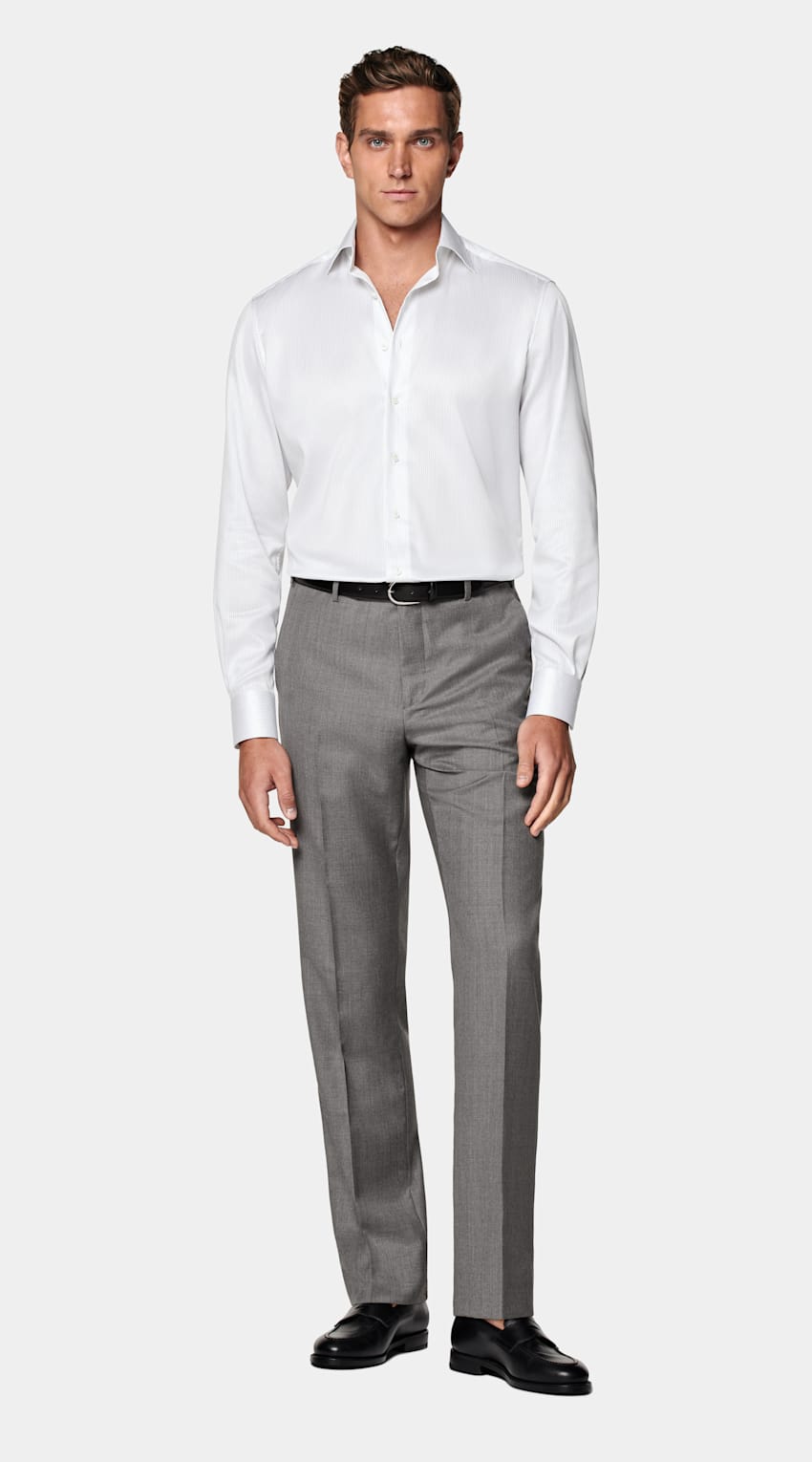 Grey Striped Twill Tailored Fit Shirt