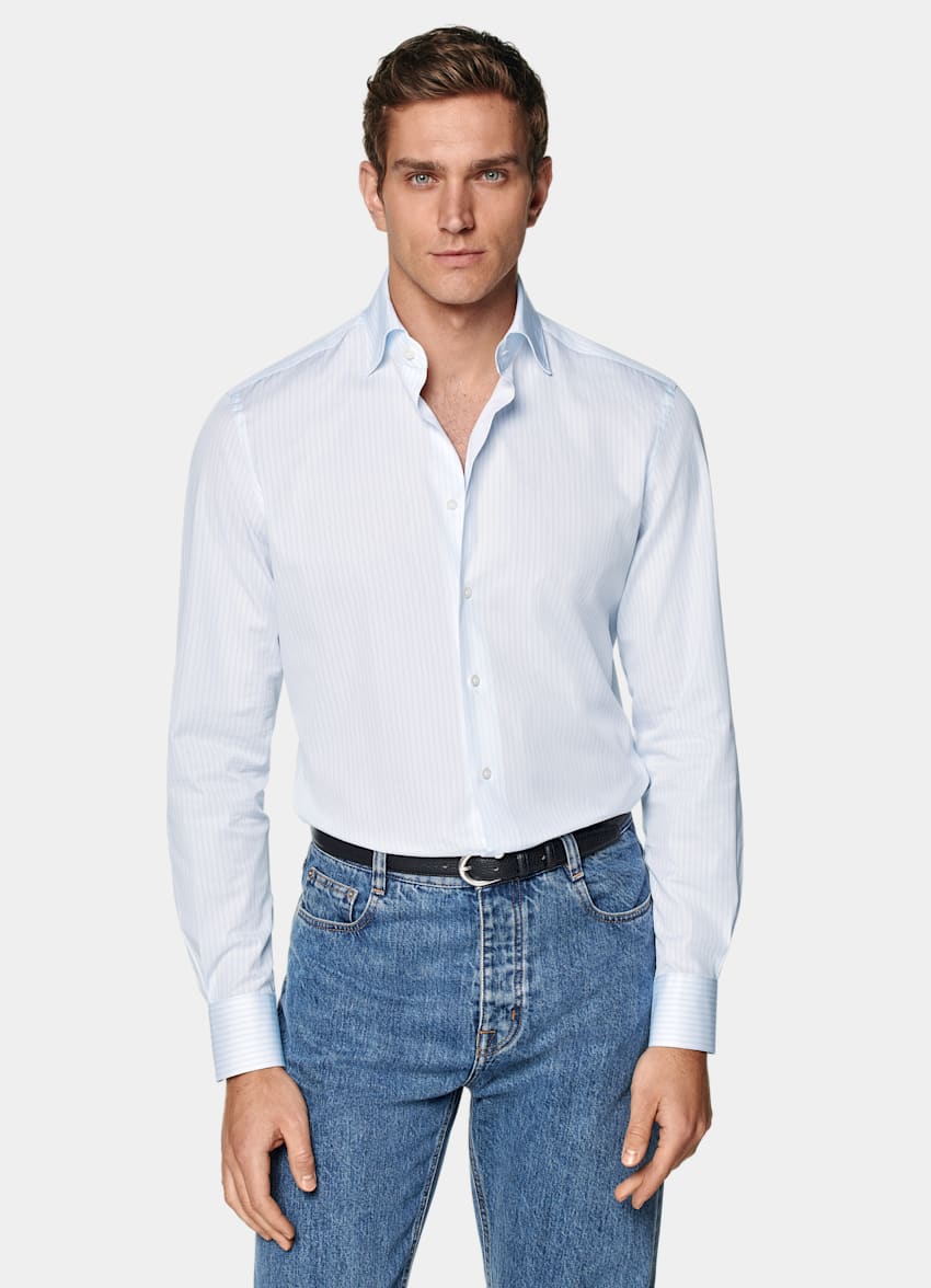 Light Blue Striped Poplin Tailored Fit Shirt