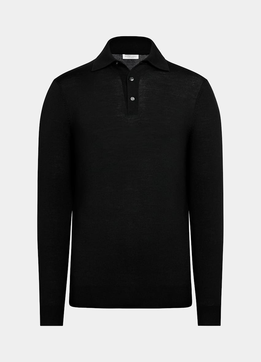 Black Merino Long Sleeve Polo