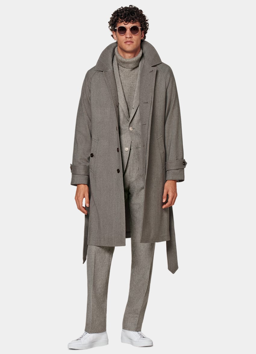 Taupe Herringbone Belted Overcoat