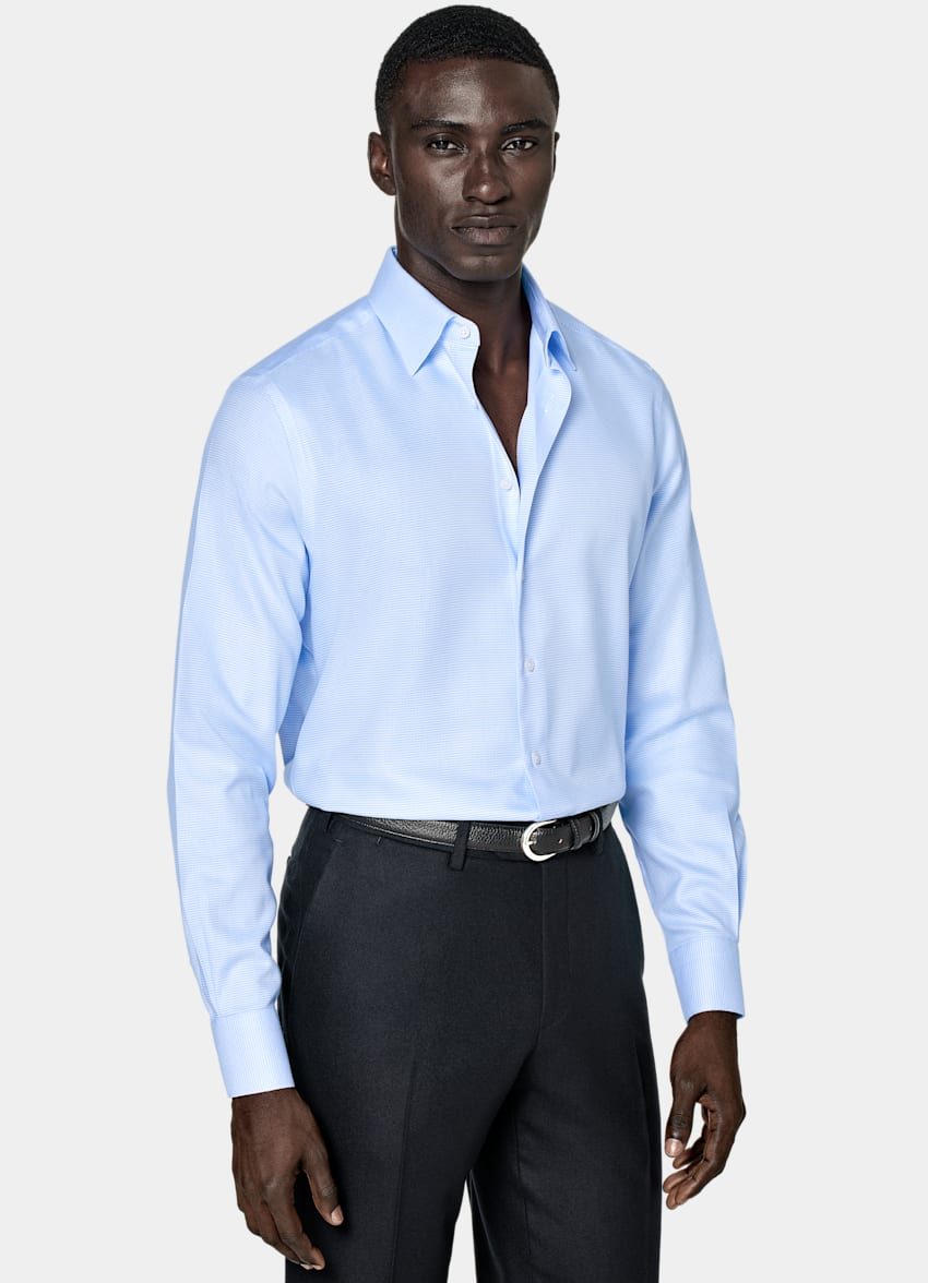 Light Blue Houndstooth Twill Slim Fit Shirt