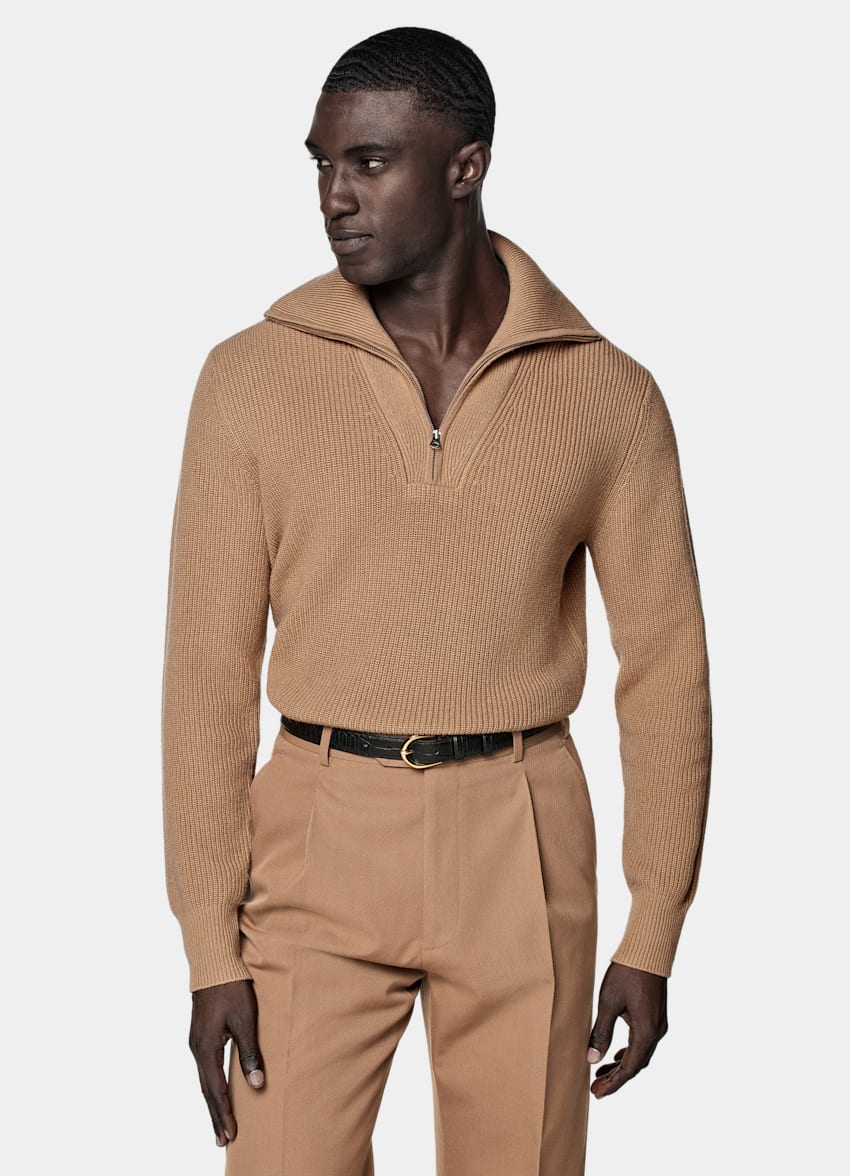 Mid Brown Ribbed Half Zip