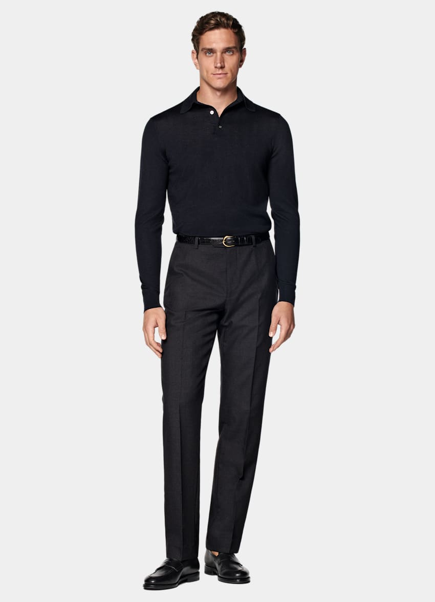 Navy Merino Long Sleeve Polo