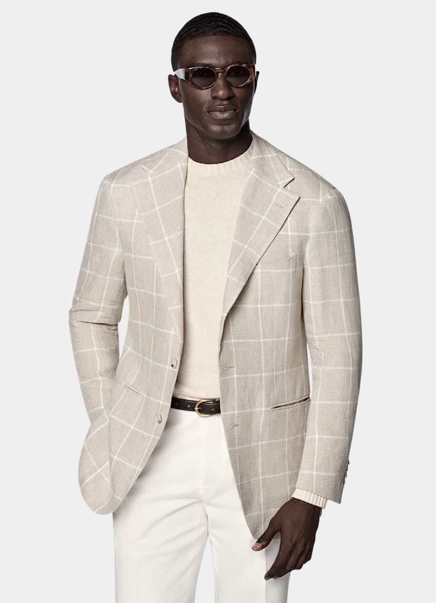 Light Taupe Checked Relaxed Fit Roma Blazer