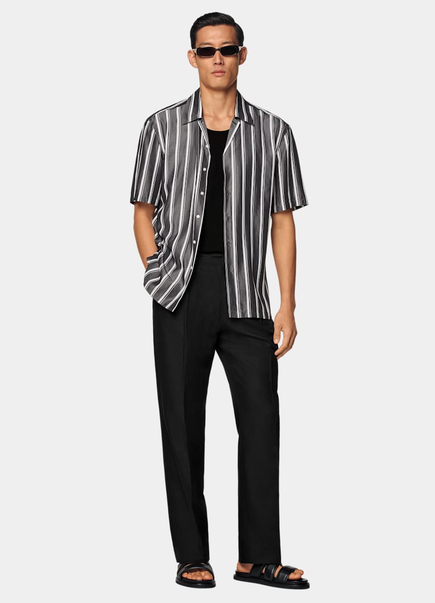 Black Striped Tailored Fit Short Sleeve Shirt
