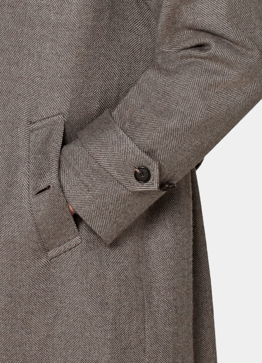 Taupe Herringbone Belted Overcoat