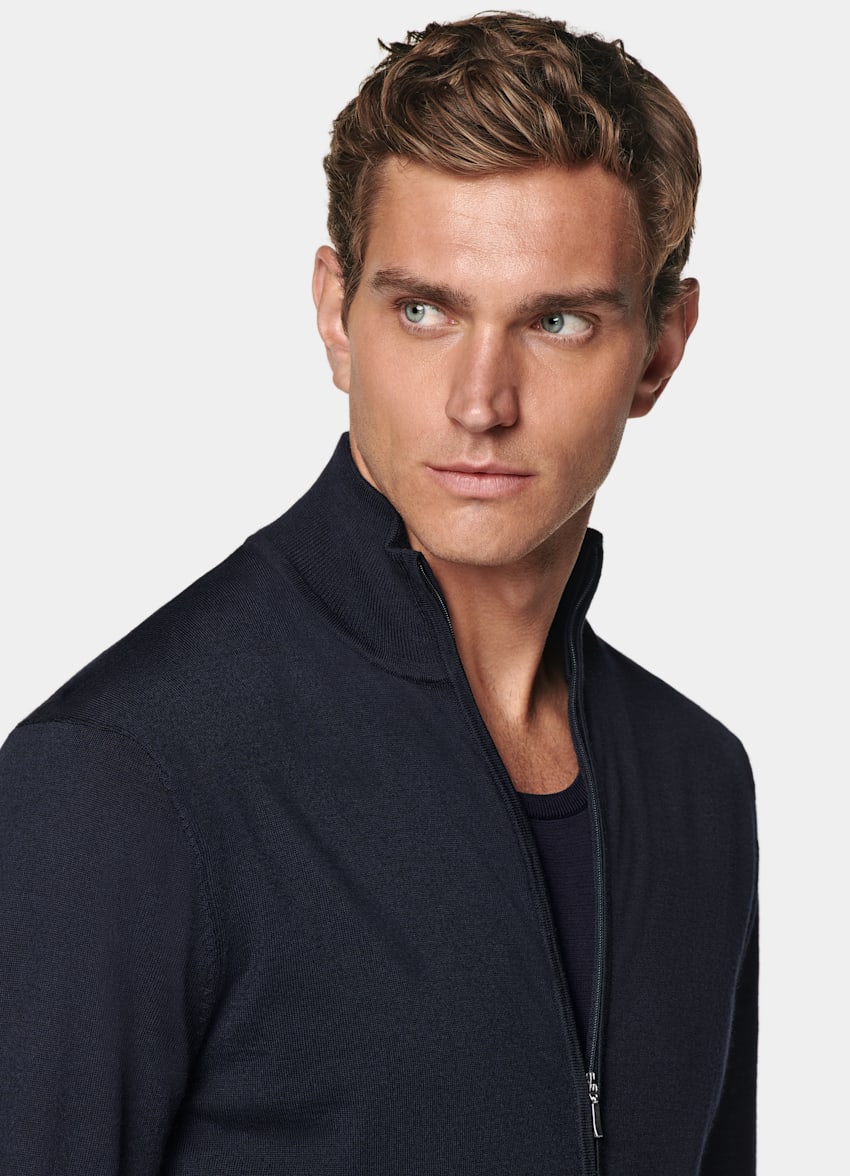 Navy Merino Zip Cardigan