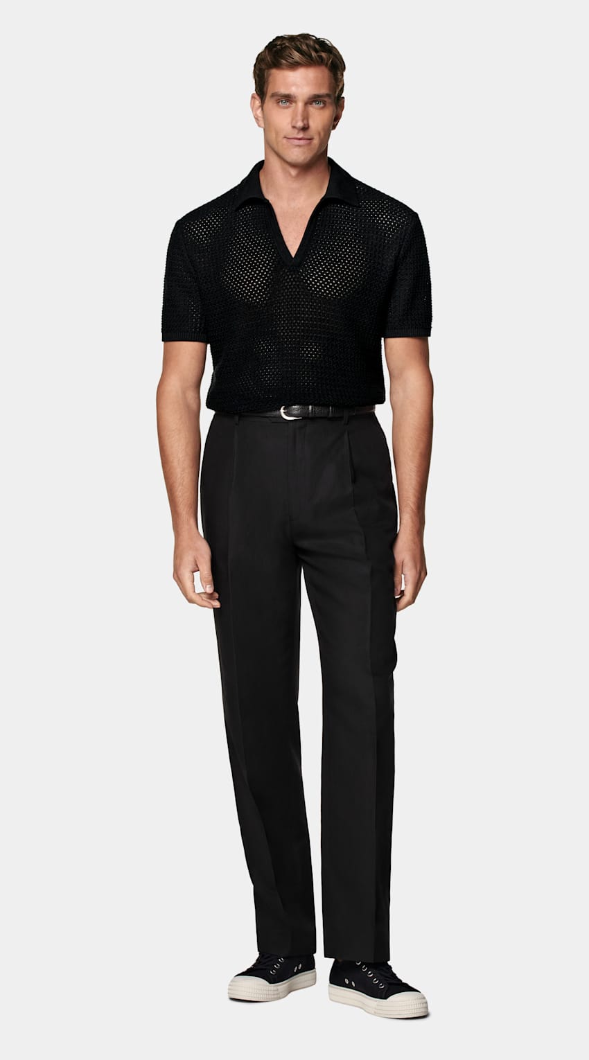 Black Crochet Buttonless Polo