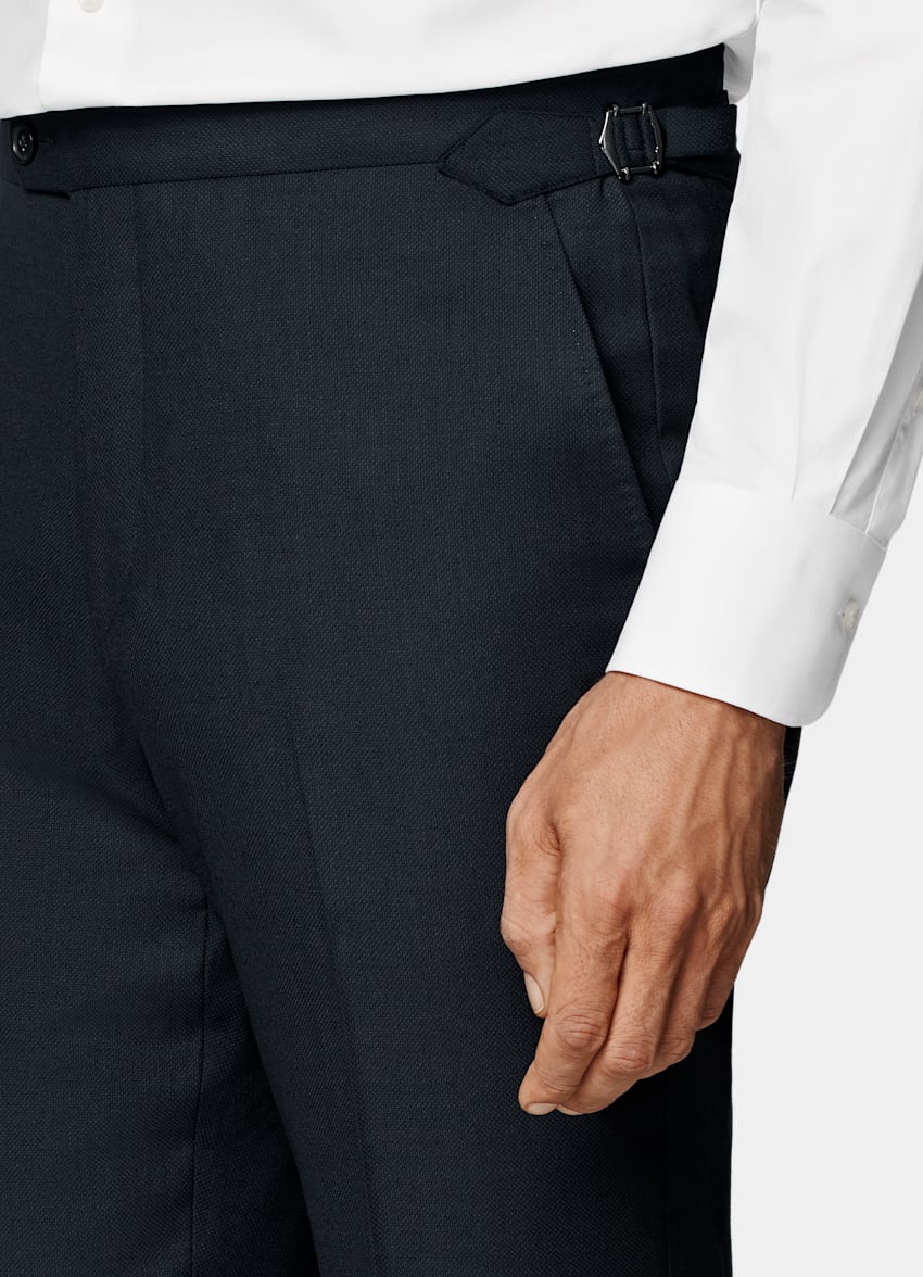 Navy Bird's Eye Slim Leg Straight Suit Pants