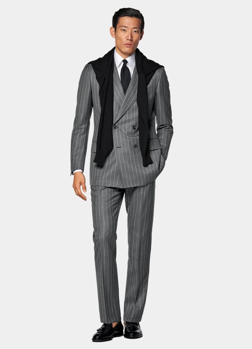 Mid Grey Striped Tailored Fit Milano Suit