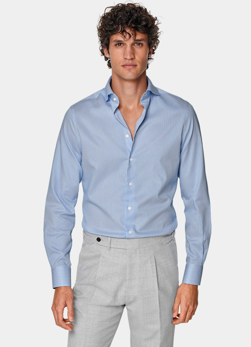 Mid Blue Striped Twill Extra Slim Fit Shirt