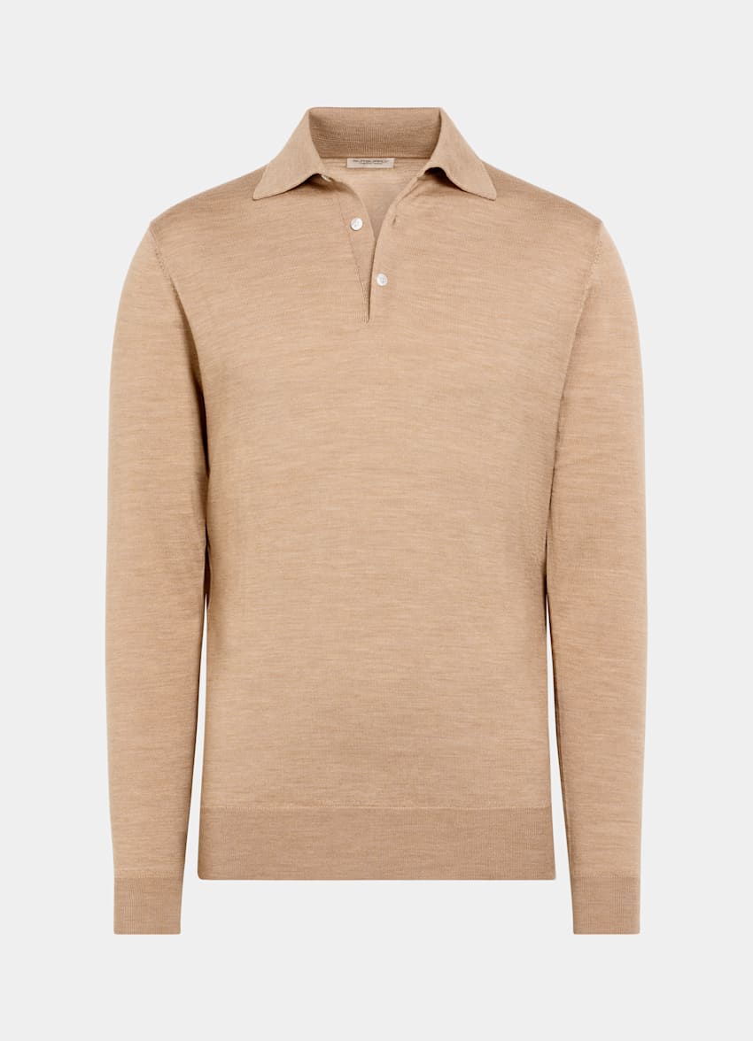 Mid Brown Merino Long Sleeve Polo