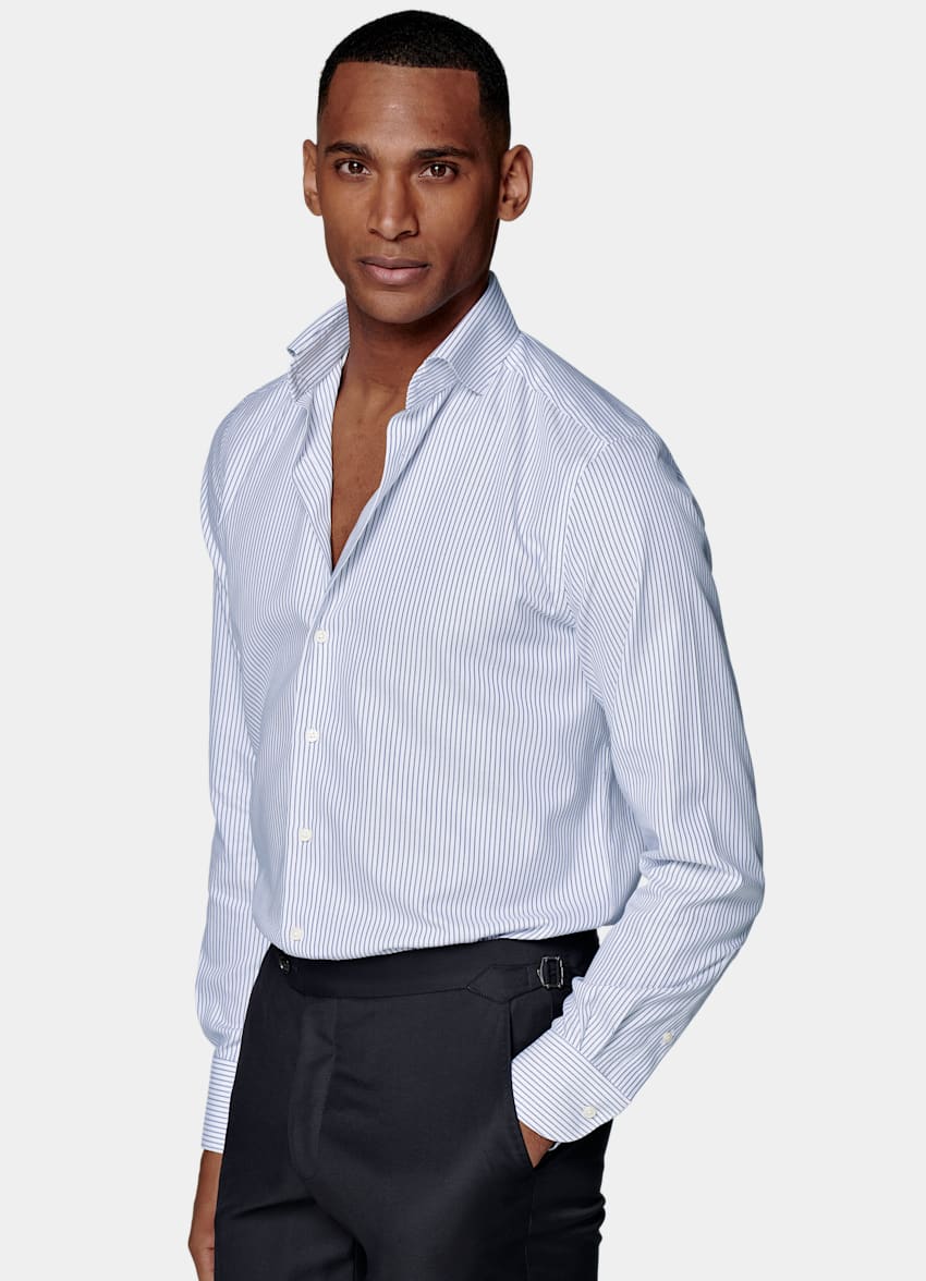 Navy Striped Royal Oxford Slim Fit Shirt