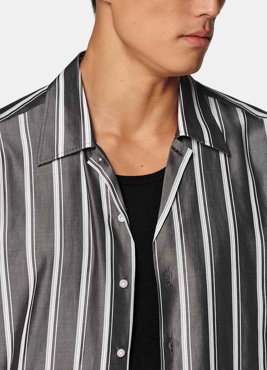 Black Striped Tailored Fit Short Sleeve Shirt