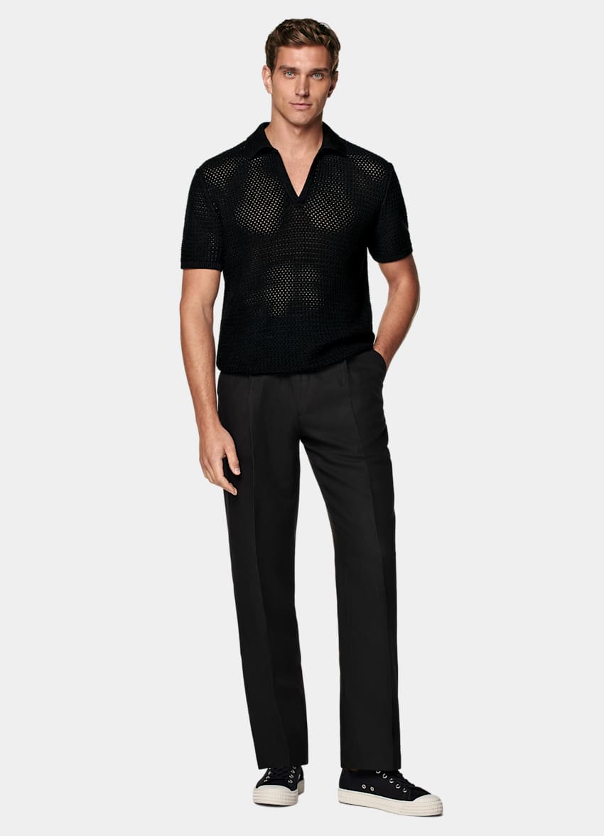 Black Crochet Buttonless Polo