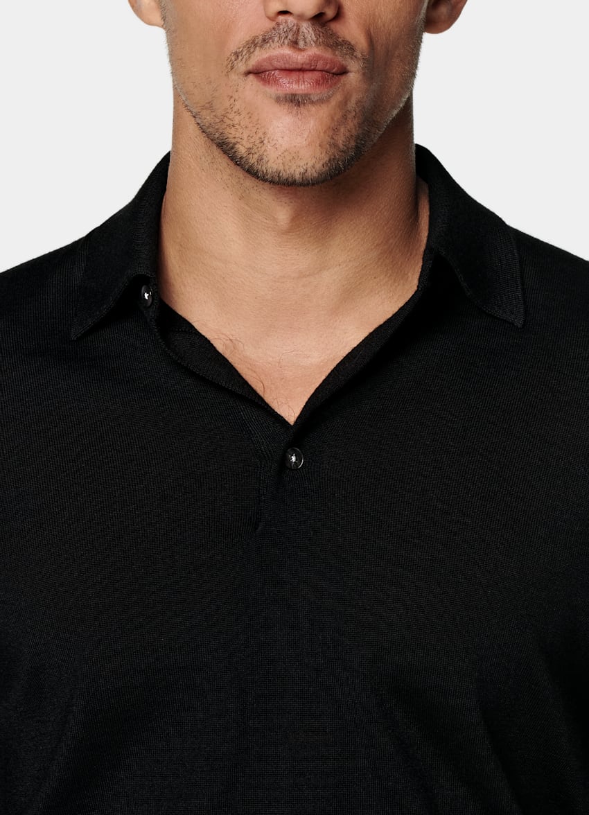 Black Merino Long Sleeve Polo
