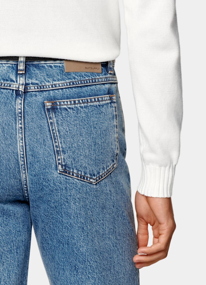 Mid Blue Washed Straight Leg Jeans