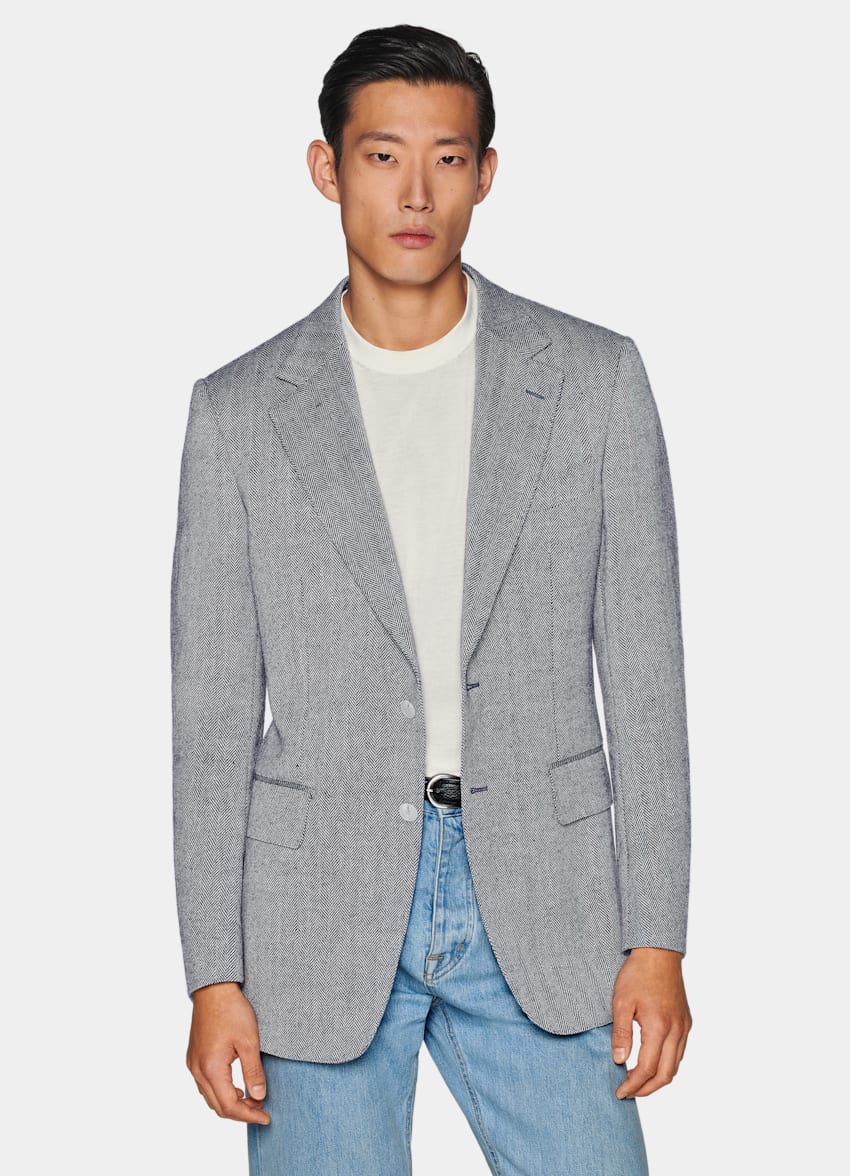 Navy Herringbone Tailored Fit Milano Blazer