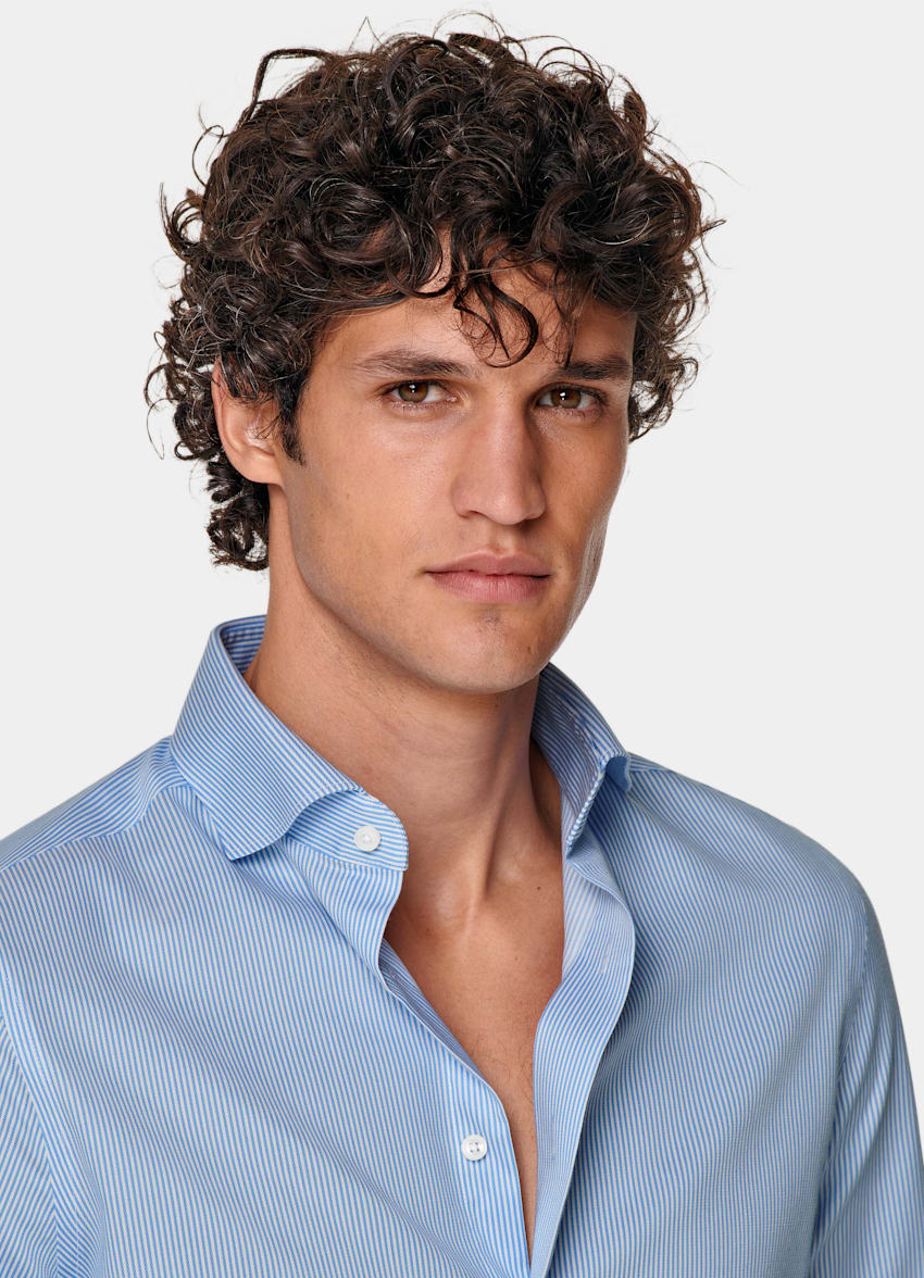 Mid Blue Striped Twill Extra Slim Fit Shirt