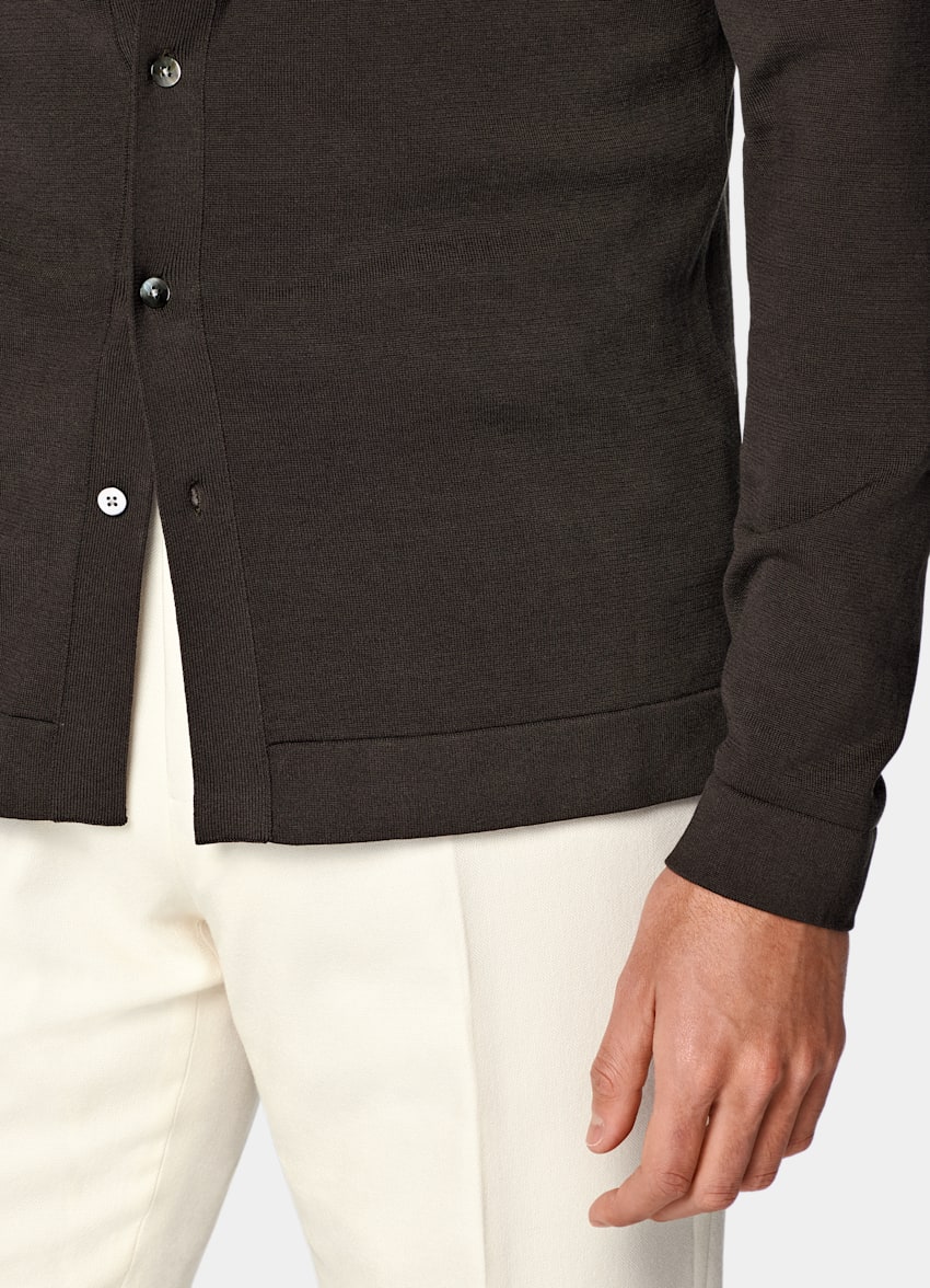 Dark Brown Long Sleeve Polo Cardigan