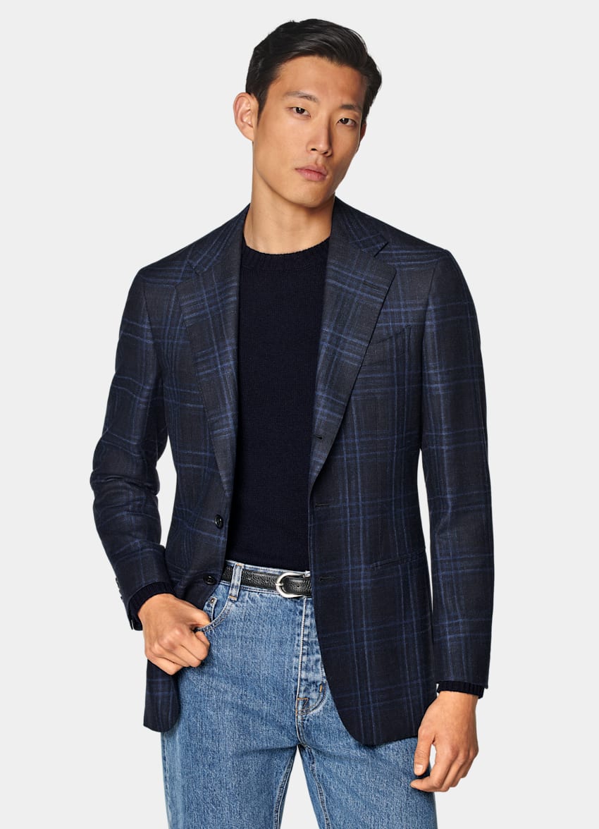 Navy Checked Tailored Fit Havana Blazer