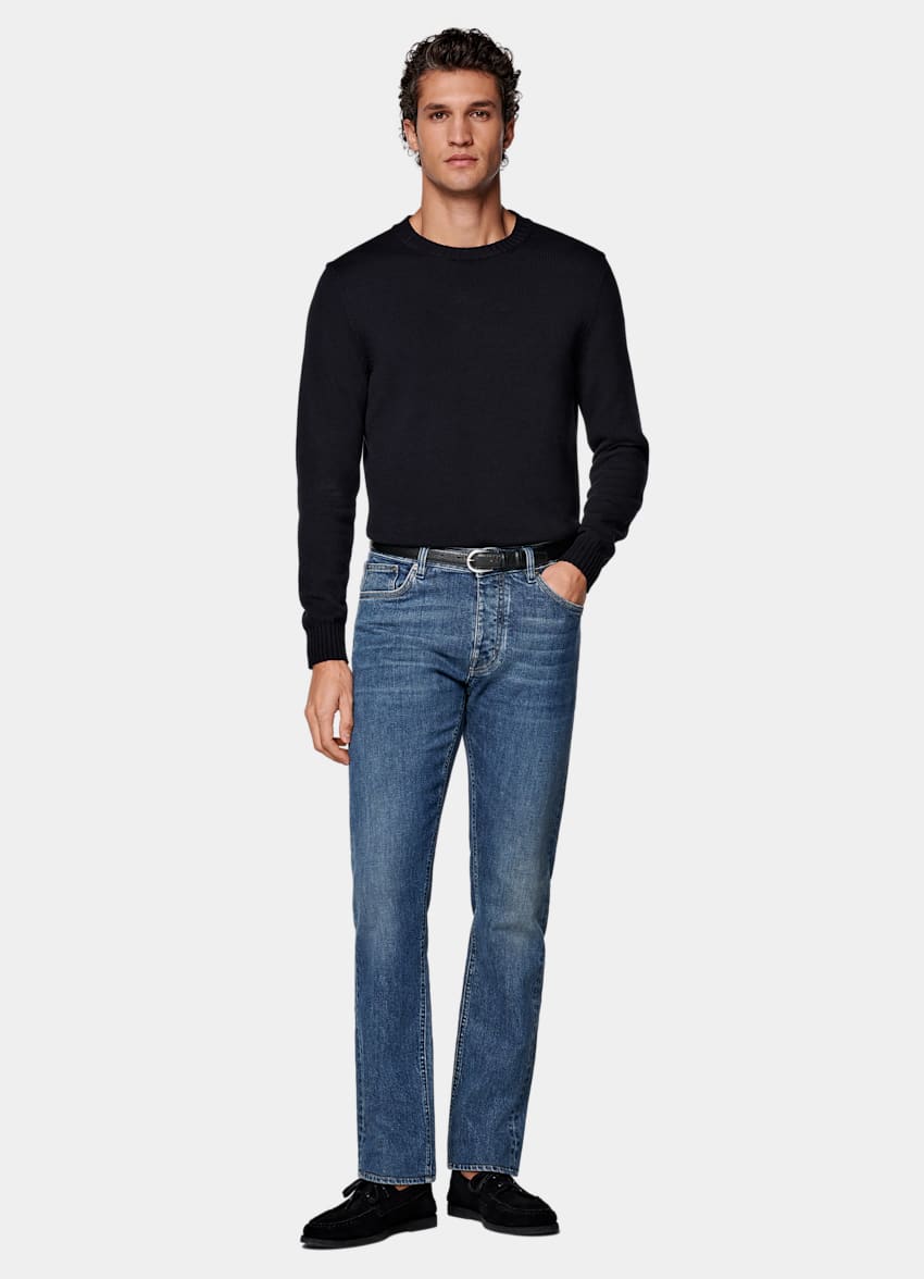 Mid Blue Slim Leg Tapered Jeans