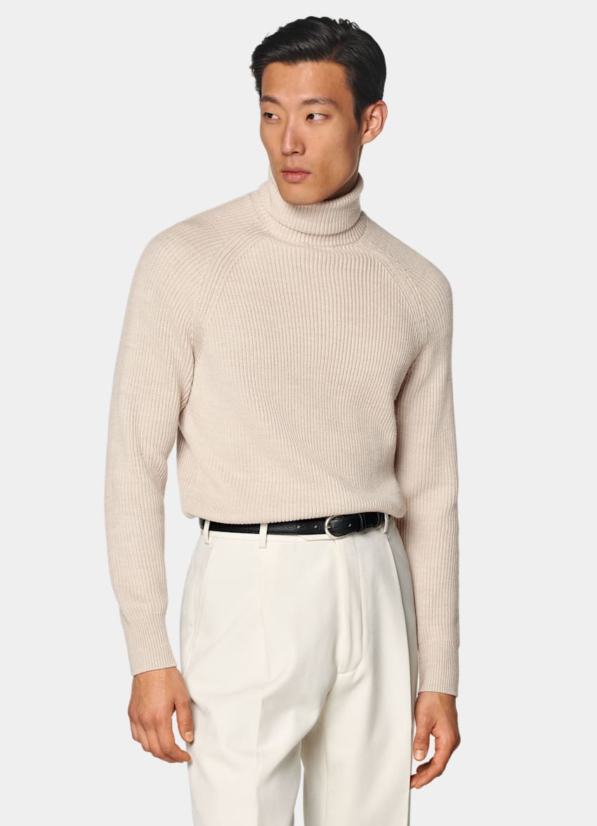 Sand Merino Ribbed Turtleneck