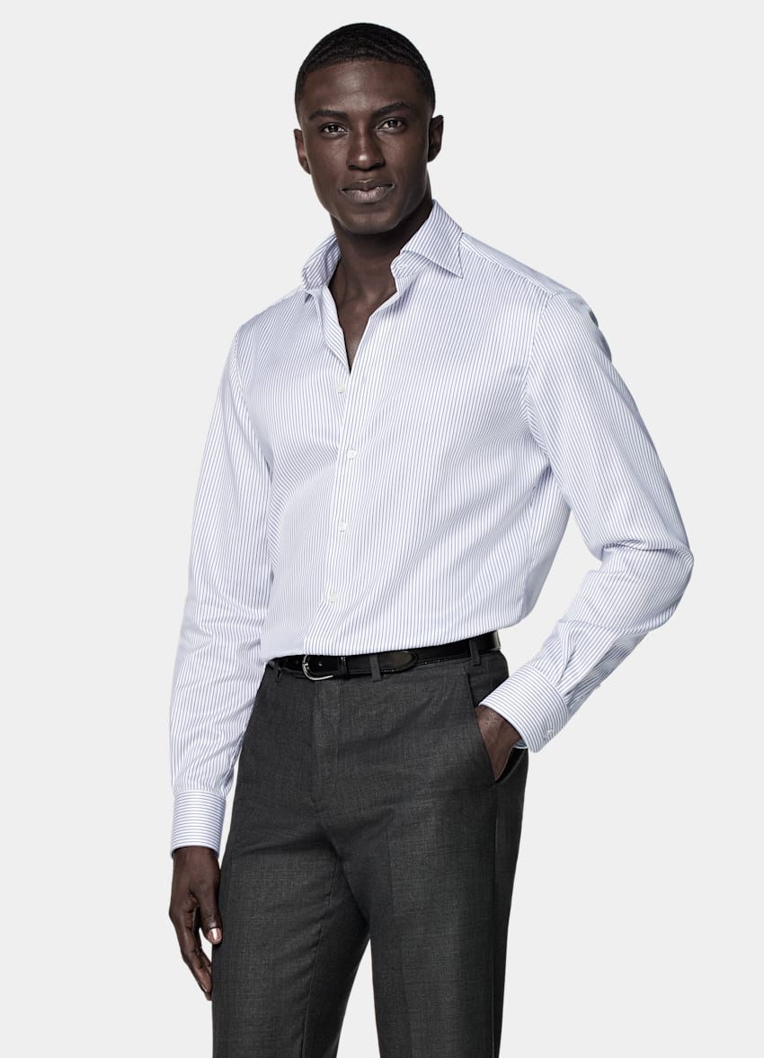 Navy Striped Twill Tailored Fit Shirt