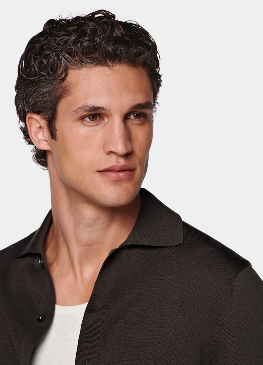 Dark Brown Long Sleeve Polo Cardigan