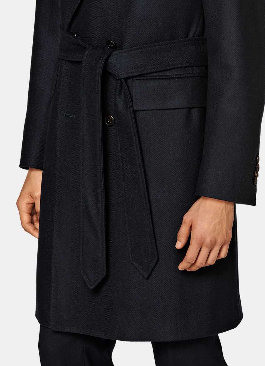 Navy Herringbone Belted Overcoat