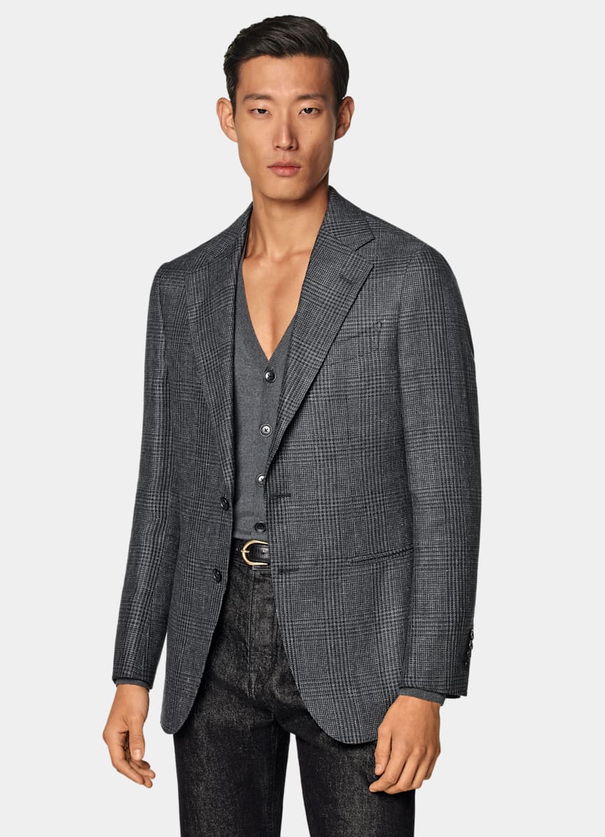 Dark Grey Checked Tailored Fit Havana Blazer
