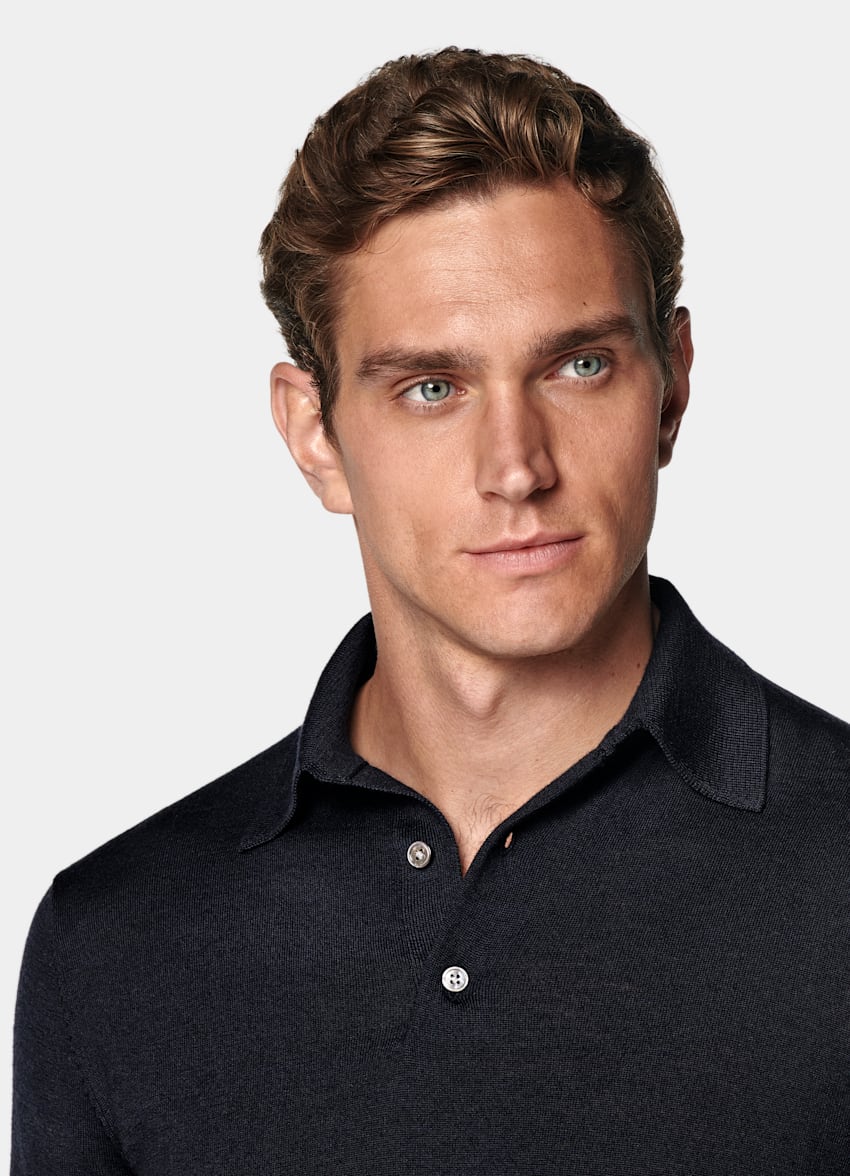 Navy Merino Long Sleeve Polo