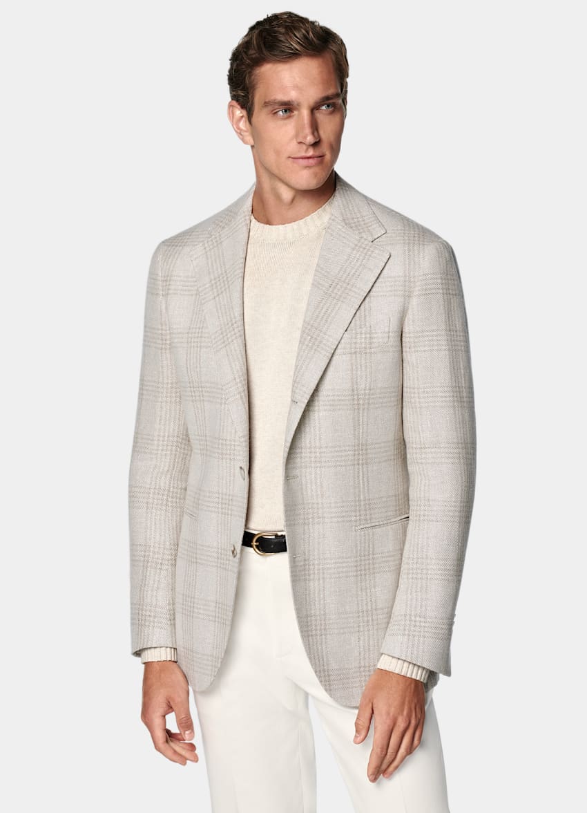 Light Taupe Checked Relaxed Fit Roma Blazer