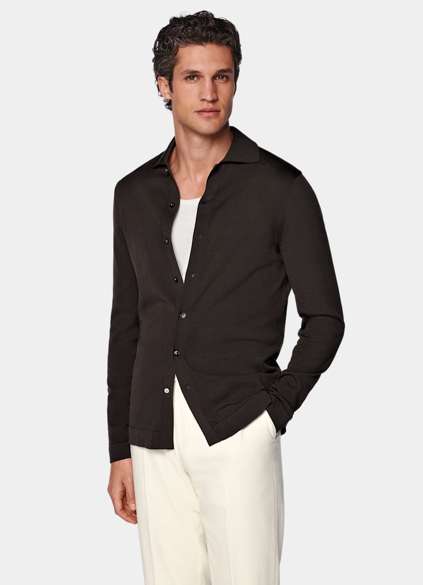 Dark Brown Long Sleeve Polo Cardigan
