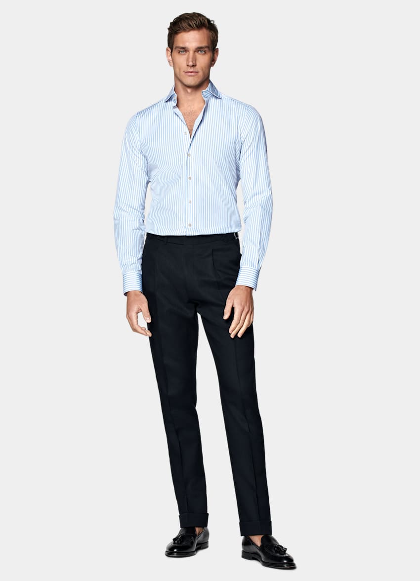 Blue Striped Poplin Slim Fit Shirt