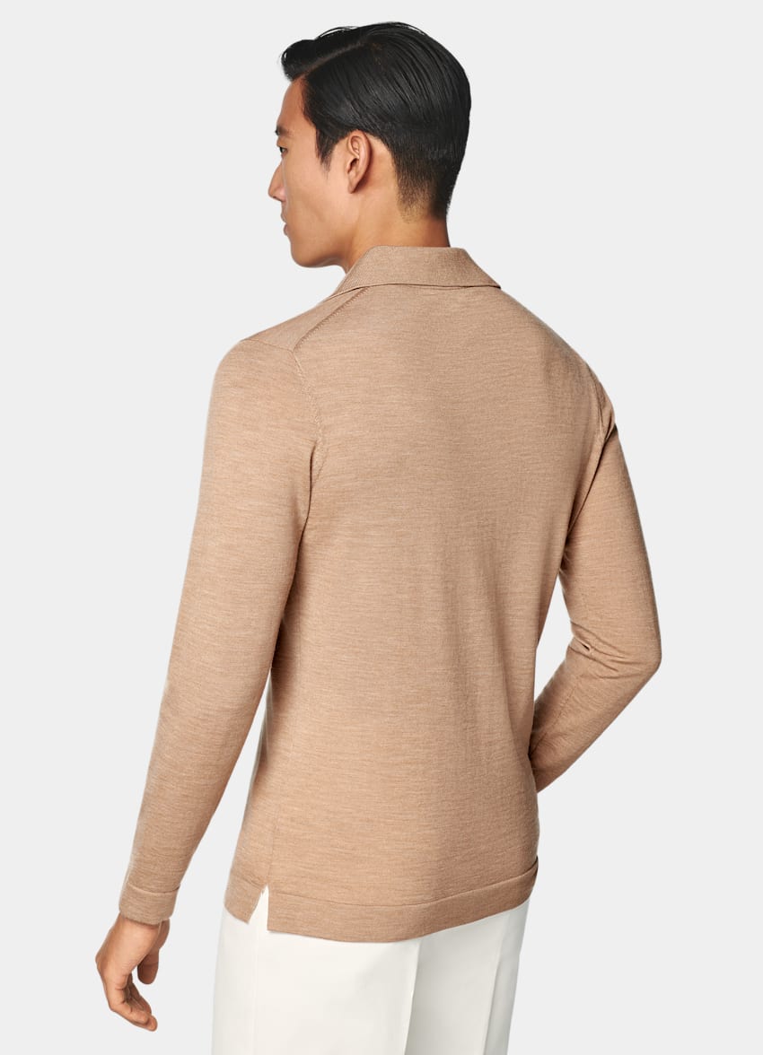 Mid Brown Merino Long Sleeve Polo Cardigan