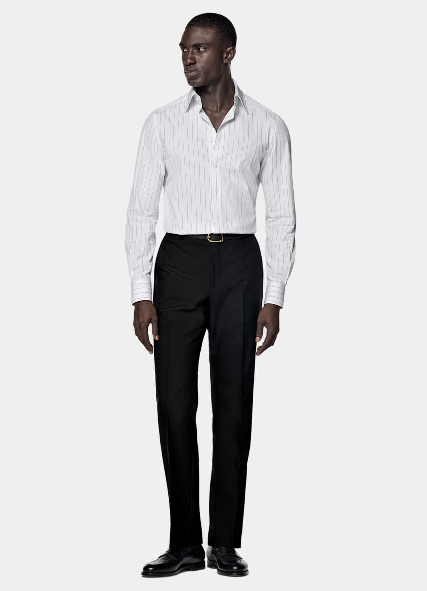 White Striped Point Collar Tailored Fit Shirt