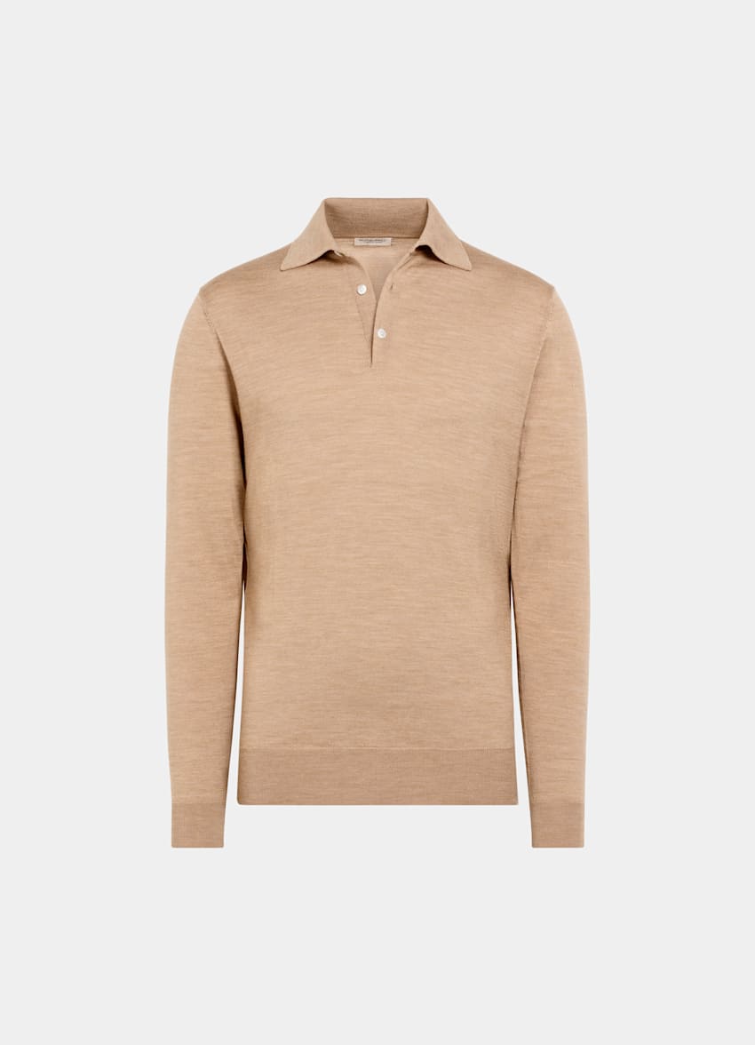 Mid Brown Merino Long Sleeve Polo