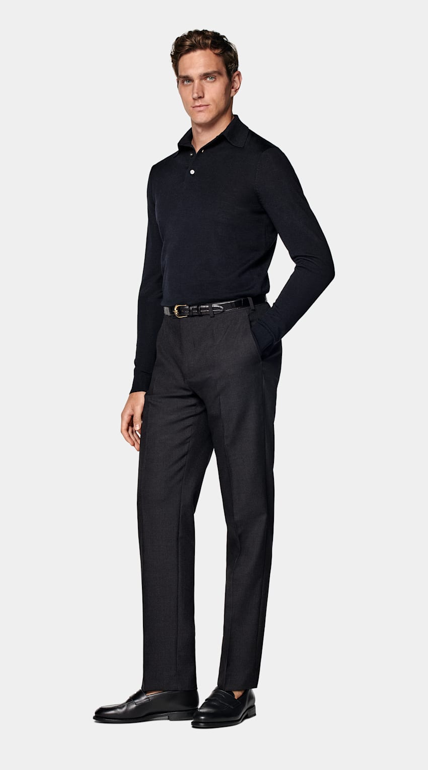 Navy Merino Long Sleeve Polo