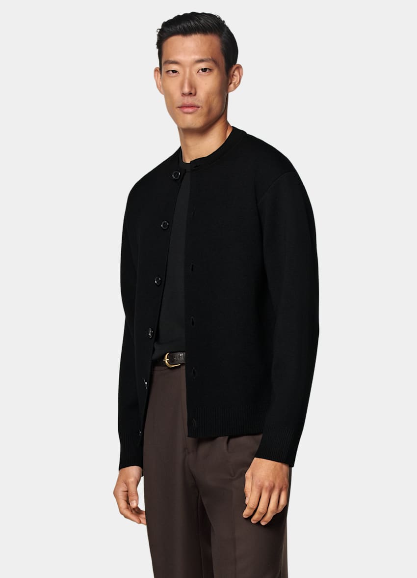 Black Merino Crewneck Cardigan