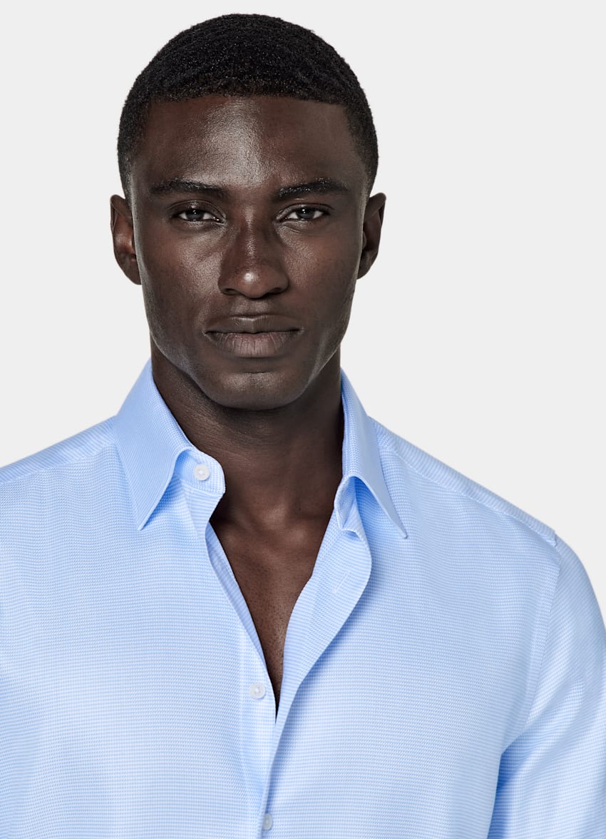 Light Blue Houndstooth Twill Slim Fit Shirt