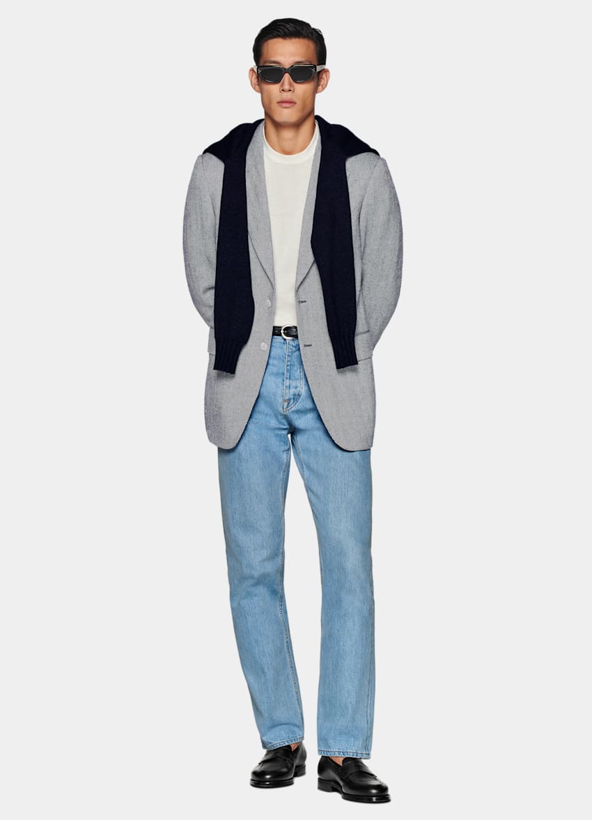 Navy Herringbone Tailored Fit Milano Blazer