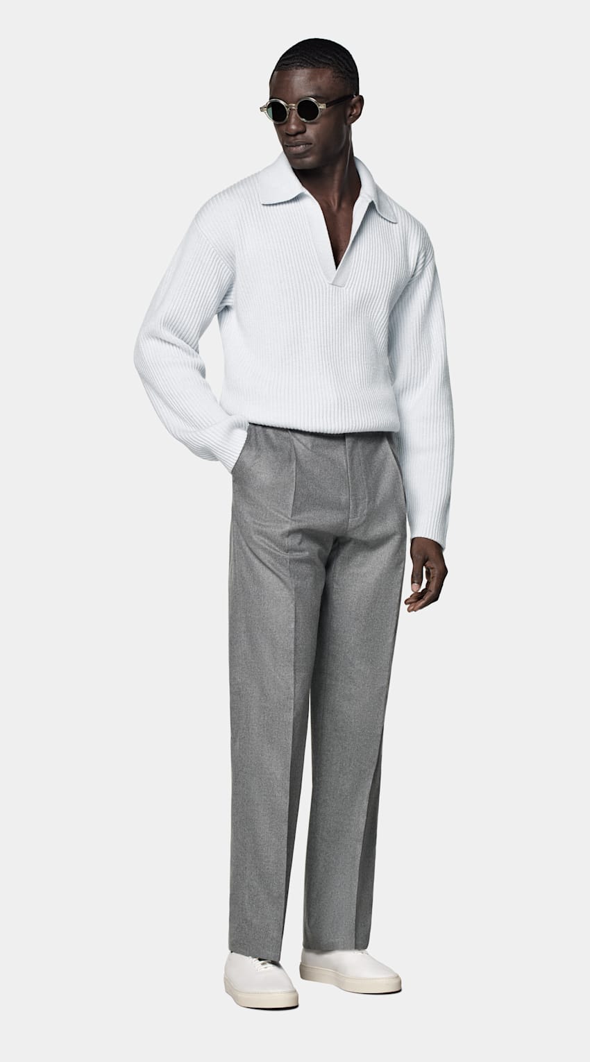Light Blue Ribbed Long Sleeve Buttonless Polo