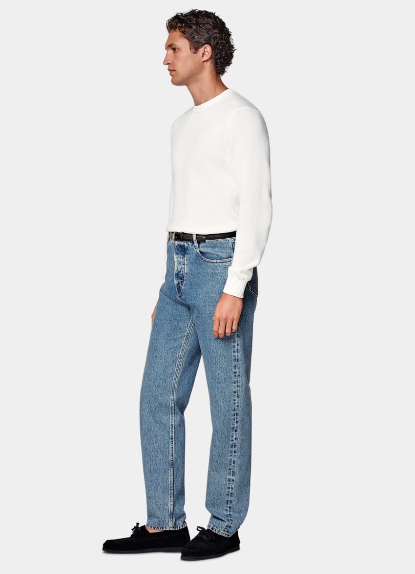 Mid Blue Washed Straight Leg Jeans