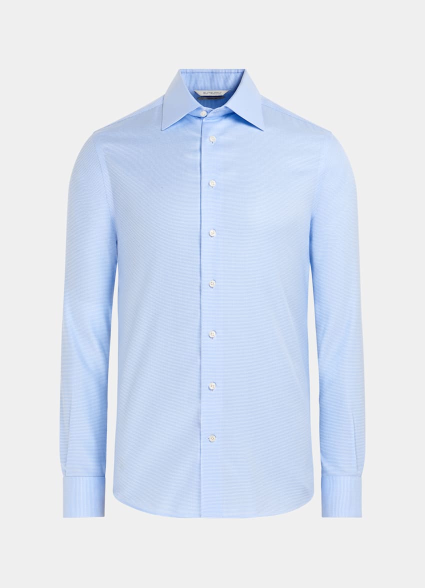 Light Blue Houndstooth Twill Slim Fit Shirt