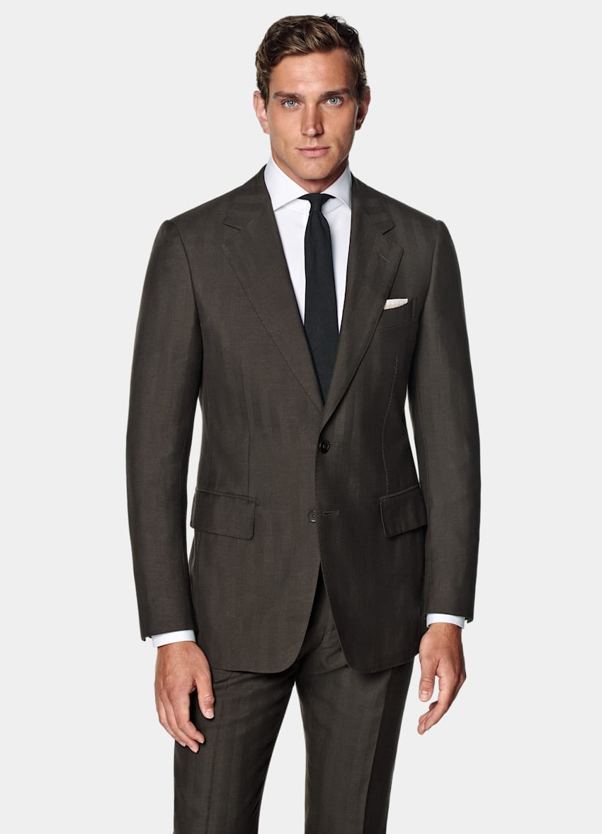Dark Brown Herringbone Tailored Fit Milano Suit